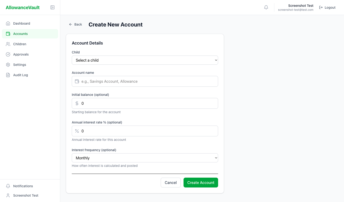 Create account page
