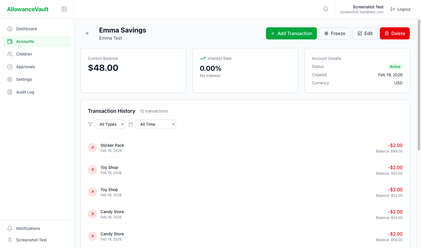 Transaction history with filters